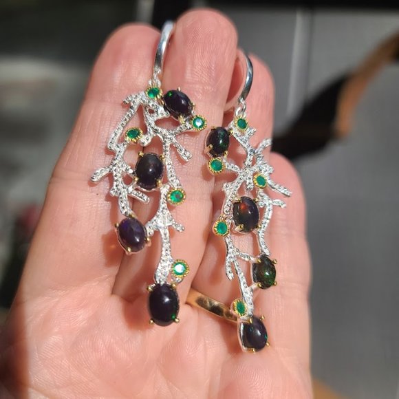 Black Opal & Crome diopside sterling & gold coral chandelier earrings - Picture 3 of 11